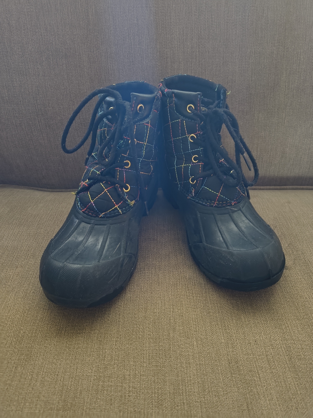 Kids Black Sperry Quilted Rain Boots with Color Stitching